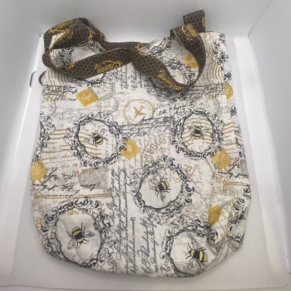 Hand-Sewn White and Gold “Queen Bee” Tote Bag with Handles and Hook - Picture 3 of 4